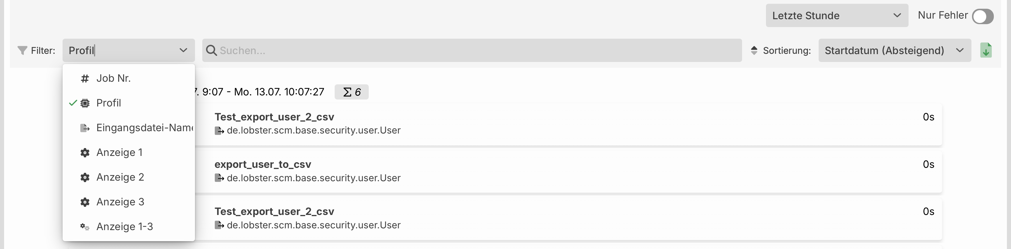Bereich Filter/Tools mit Filter- und Sortieroptionen sowie dem Download-Symbol für den CSV-Export.